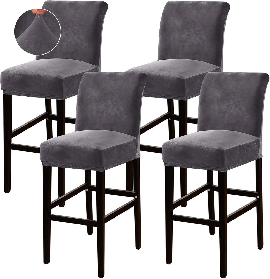 Turquoize Bar Stool Covers 4 Pack Bar Stool Covers with Backs Barstool Covers Velvet Bar Stool Seat Covers Slipcover Pub Counter Stool High Back Chair Covers, Thick Soft Modern Style, Grey, 4