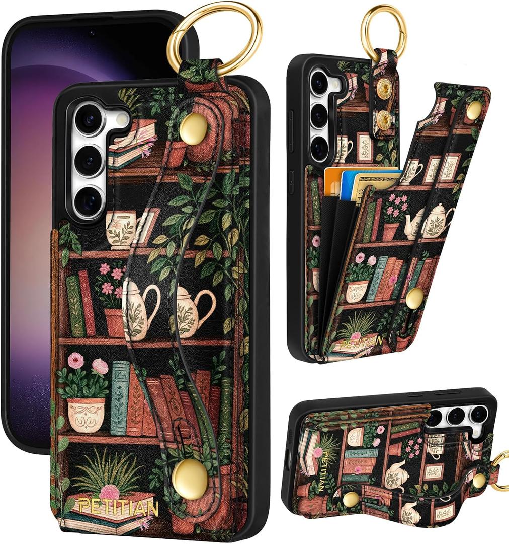 Petitian for Samsung Galaxy S23 Wallet Stand Case - Women Girls Cute Girly Aesthetic Unique Design Leather Credit Card Holder Cardholder Stand Wristband for Galaxy S23, Bookshelf