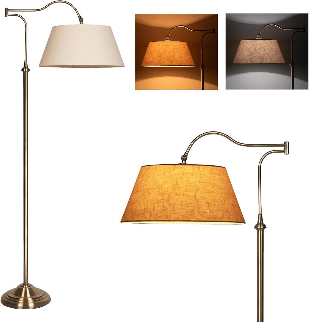 Swing Arm Floor Lamp, Brass Floor Lamps for Living Room with 180 Adjustable Cantilever, Beige Linen Lampshade, Mid Century Floor Lamp for Bedroom Office Home Nursery Study Room Hotel(Bronze)