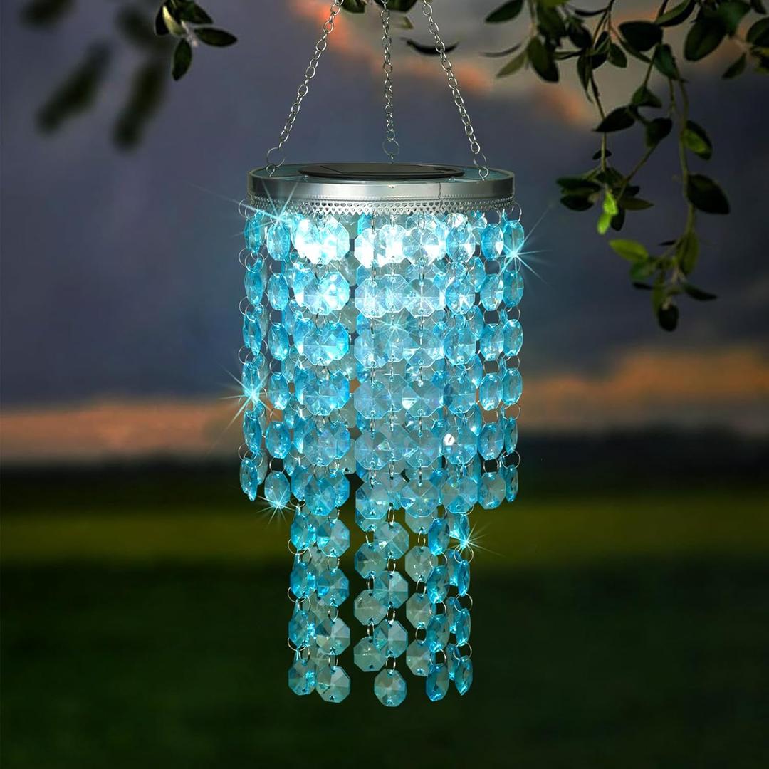 Hanging Solar Lantern Outdoor, 2 Tiers 21 Solar Blue Acrylic Beaded Chandelier with Cool White LED S Hooks for Garden Yard Patio Gazebo Outside Decor