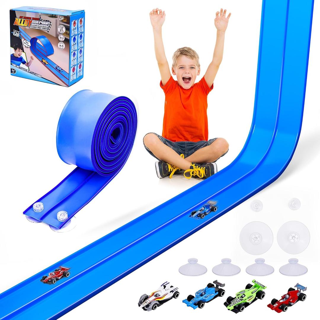 FUTESI Flexible Race Car Track for Kids 15 Ft Flex Tracks Starter Set Compatible with Diecast 1/64th Cars Portable Rolls Up Race Tracks with Strong Suction Cups Birthday Gifts for Boys Girls Ages 3+ (Blue)