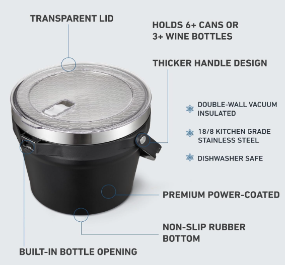 COKTIK 7L Insulated Ice Bucket with Lid，Double Wall Vacuum Stainless Steel Beverage Bucket Keeps Frozen Longer，Holds 6 Longnecks or 3 Bottles of Wine，for Cocktail, Champagne, Large Parties(Black) 