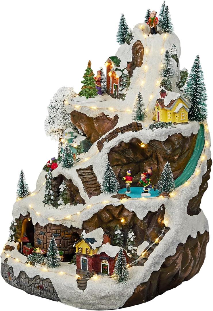 Alpine Corporation 18" Tall Indoor Animated Winter Wonderland Set with 75 LED Lights, Music, Moving Train, Tabletop Christmas Decoration (Mountain Village)