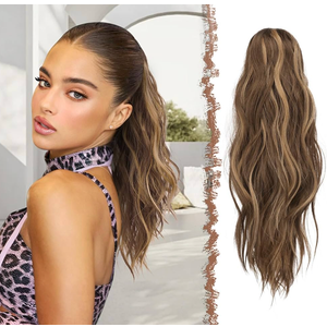 FESHFEN Ponytail Extensions, Long Claw Clip in Ponytail Hairpiece Synthetic Pony Tails Hair Piece Natural Wavy Hairpieces for Women, Light Brown & Blonde 25 inch