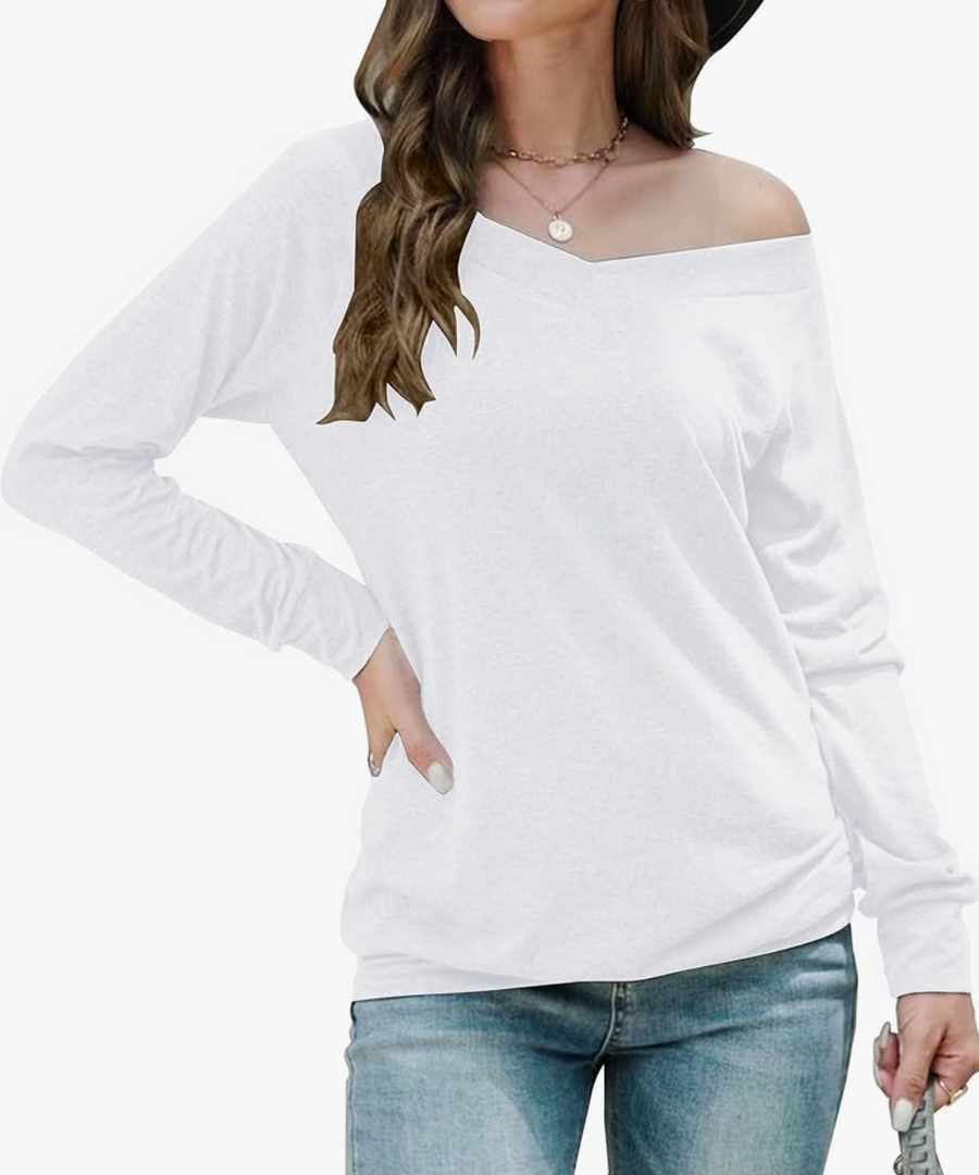 Halife Off Shoulder Tops for Women Long Sleeve V Neck Shirts Trendy Fashion Loose Fit Blouses L