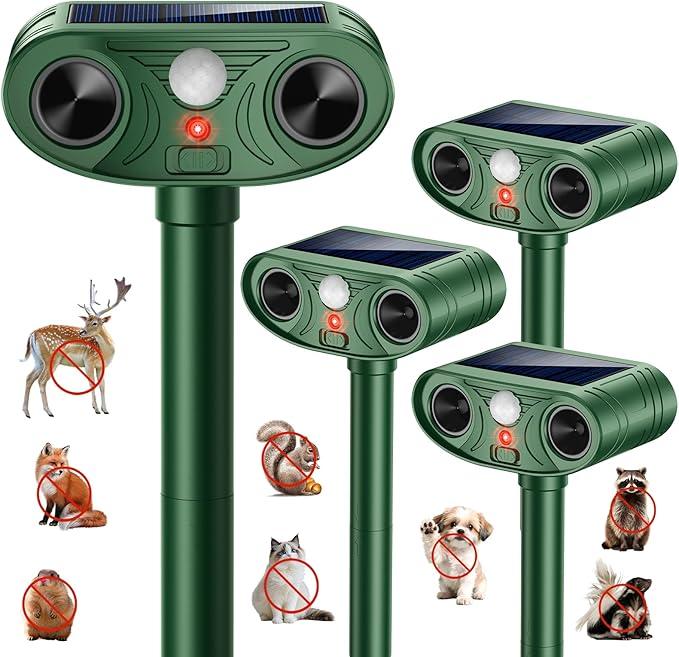 2026 Upgraded Ultrasonic Solar Animal Repellent Outdoor, Deer Repellent Devices Squirrel Cat Raccoon Rabbit Dog Deterrent with Motion Sensor for Yard Garden Lawn, 4 Packs 