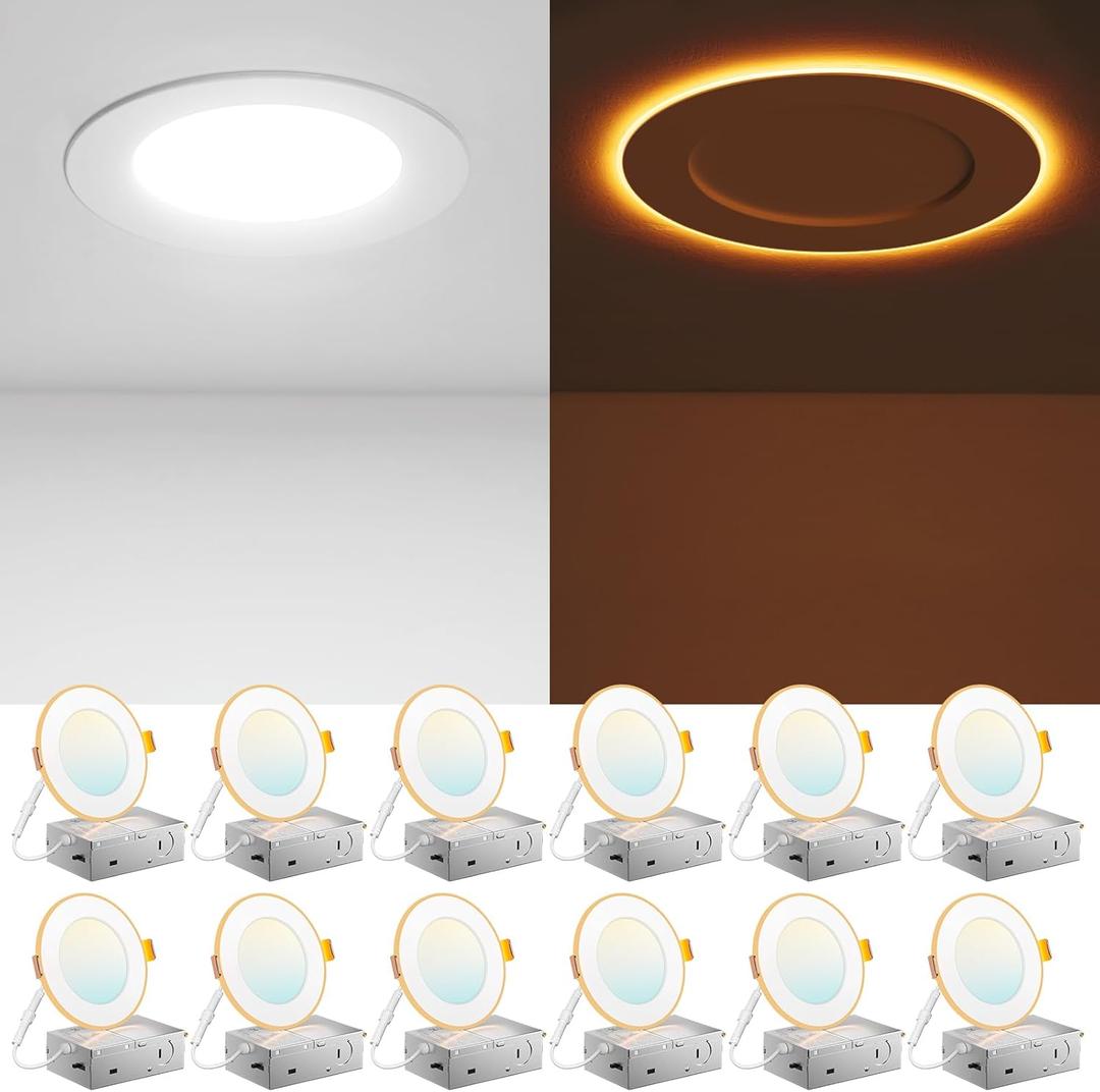 Amico 12 Pack 4 Inch 5CCT LED Recessed Ceiling Light with Night Light, 2700K/3000K/3500K/4000K/5000K Selectable Ultra-Thin Lighting, 10W=90W, 700LM, Dimmable Canless Wafer Downlight - ETL&FCC (White)