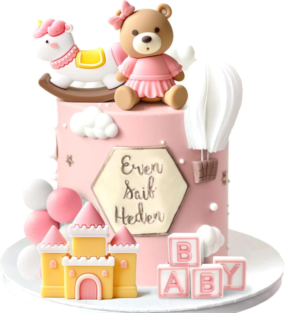 JeVenis Pink Bear Cake Decoration Baby Bear Baby Shower Cake Topper Bears Train Cake Decoration Baby Shower Birthday Cake Decoration