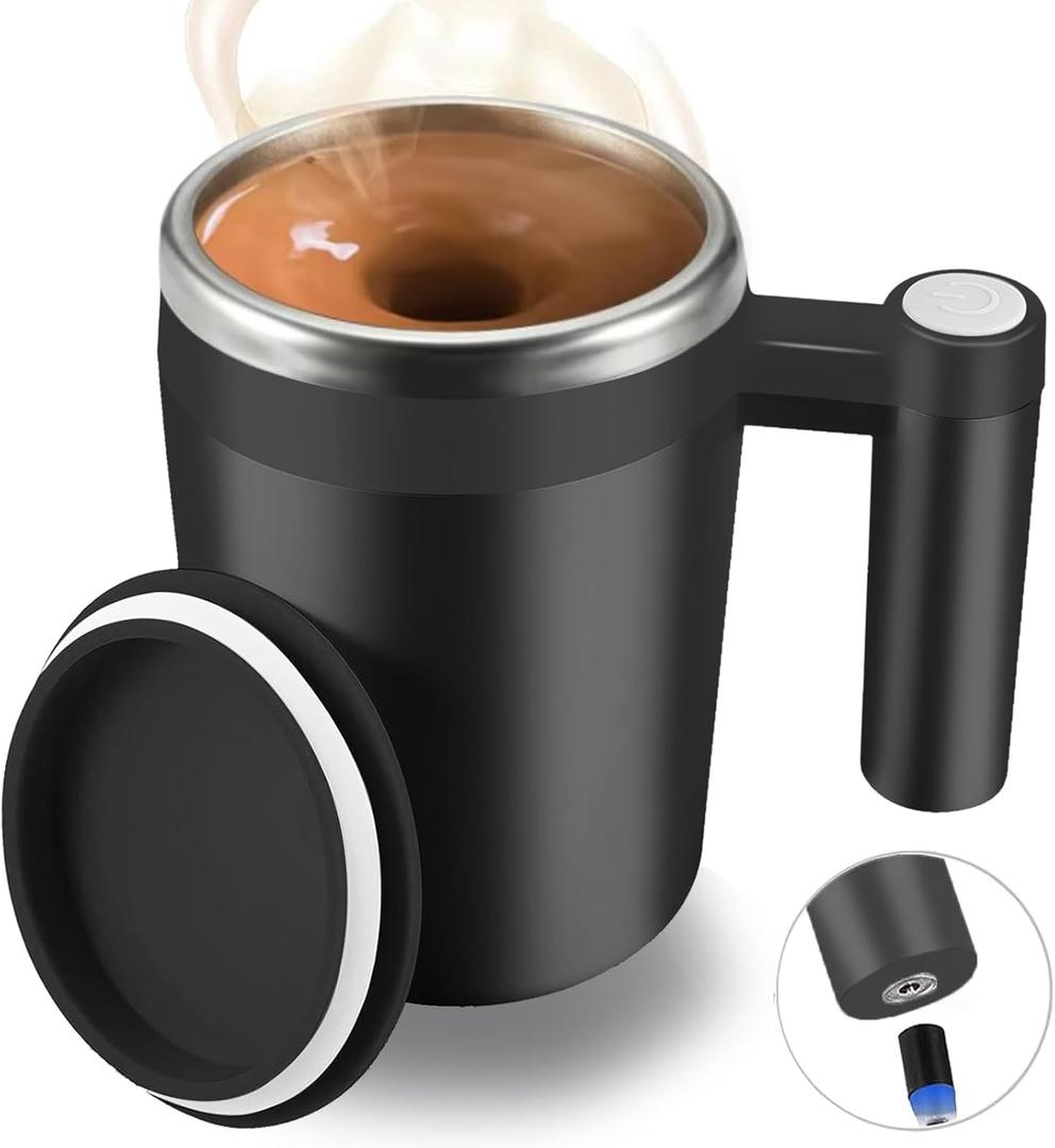 Self Stirring Mug,Rechargeable Auto Magnetic Coffee Mug with 2Pc Stir Bar,Waterproof Automatic Mixing Cup for Milk/Cocoa at Office/Kitchen/Travel 14oz Best Gift - Black