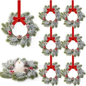 Christmas Candle Rings-8pcs Small Mini Christmas Wreaths for Kitchen Cabinets-Frosted Cedar Christmas Candle Rings Wreaths for Pillars/Window/Chair Wall Table Decorations