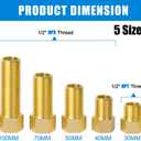 1/2" Brass Pipe Fitting, 1/2" Female to 1/2" Male Pipe Extension Fittings Connector for Tub Spout/Shower, Hex Bushing Converter Adapter, Length 30MM/40MM/50MM/70MM/100MM (5pcs) with Teflon Tape (2pcs)