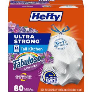 Hefty Ultra Strong 13 Gallon Trash Bags, Tall Kitchen Bags 13 Gallon Size, Resist Leaks, Punctures, and Rips, Continuous Odor Control, White, Fabuloso Lavender Scent, 80 Bags