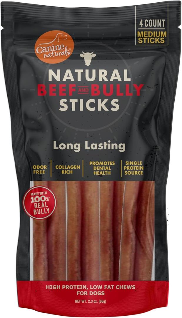 Canine Naturals | Natural Beef & Bully Sticks | Long-Lasting, Odor Free, High Protein Chews Made with 100% Real Bully | 4 Count Medium Sticks,  BB, Sep 30 28