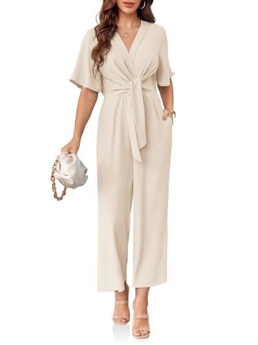 Cicy Bell Women's Elegant V Neck Jumpsuits Dressy Casual Short Sleeve Wide Leg Long Pants Rompers L