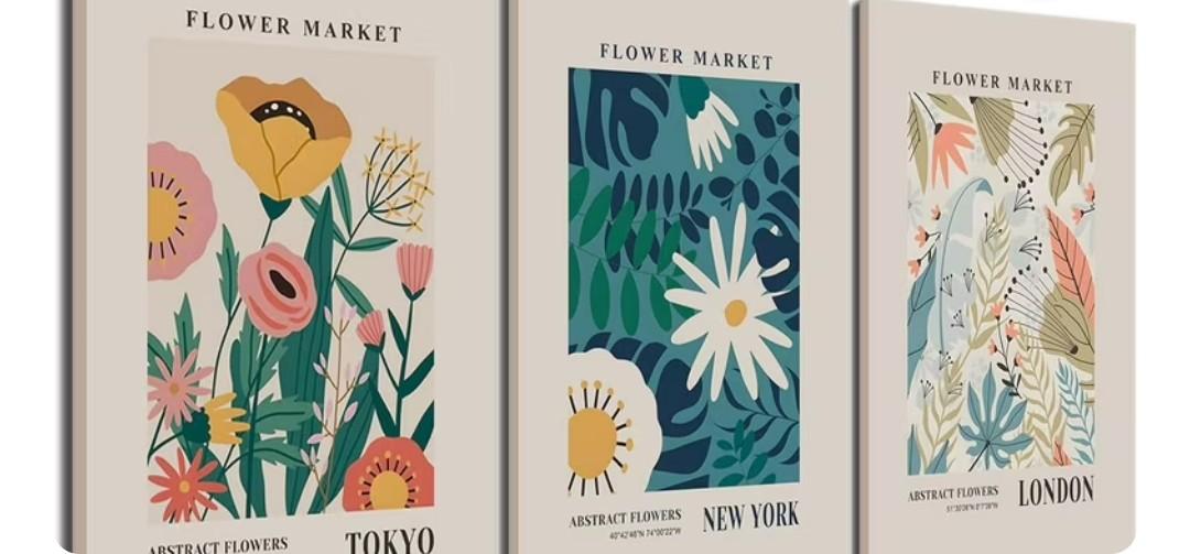 Hwetui Flower Market Wall Art Prints City Framed set of 3 Abstract Colorful Floral Canvas Poster Vintage Minimalist Flowers Painting Picture for Room Decor Aesthetic Living Room Bedroom 16"x24"x3