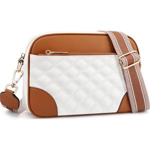FYY Small Crossbody Bags for Women Quilted Vegan Leather Crossbody Purses for Women Travel with Adjustable Shoulder Strap (White and Brown)