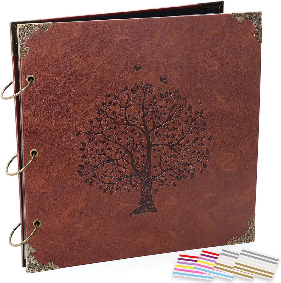 Photo Album Scrapbook, 12x12 inch 50 Pages Vintage Leather Cover Big Three-Ring Binder Family Picture Booth DIY Scrapbooking Albums with 408pcs Self Adhesive Photos Corner for Memory Keep, Tree