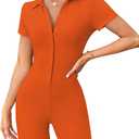 LilyCoco Rompers for Women Button Up Bodycon Short Sleeve Collared Sexy One Piece (Orange, L)