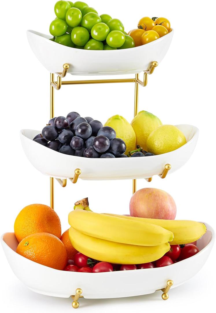 3 Tier Fruit Basket with Metal Stand-Ceramic Fruit Bowl for Kitchen Counter