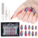Rainbow Press on Nails for Women Almond, Reusable Fake Nails for Special Occasions, Party, Long Lasting, 24 Pcs Set with Glue and Gel, 12 Sizes Colorful
