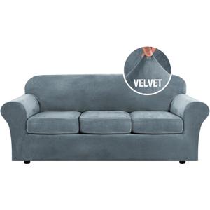 H.VERSAILTEX Modern Velvet Plush 4 Piece High Stretch Sofa Slipcover Sofa Cover Furniture Protector Form Fit Luxury Thick Velvet Sofa Cover for 3 Cushion Couch Width Up to 90 Inch (Sofa, Stone Blue)