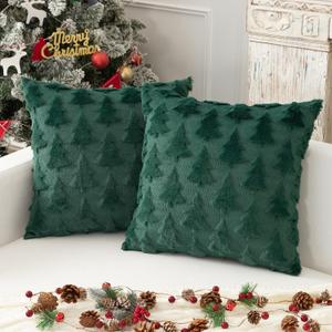 Christmas Tree Pillow Covers Set of 2 18x18 inches, 3D Xmas Tree Shaped Faux Fur Throw Pillow Covers for Couch, Sofa, Living Room Winter Holiday Decor, Farmhouse (Dark Green)
