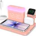 ANJANK 5 in 1 Wireless Charging Station with Alarm Clock,7 Night Light & 0-100% Dimmer,Qi Mag-Safe Charger Stand for Apple Devices - for iPhone 17 16 15 14 13 12 Pro Max Plus Air,Apple Watch,Airpods (Pink)