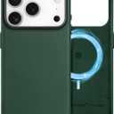 SHIELDON Real Leather Case for iPhone 17 Pro 2025 | Compatible with Magsafe, Magnetic Wireless Charging, Slim Fit, Comfort Grip, Non-Slip, Shockproof, Metal Button, Protective Phone Cover - Evergreen