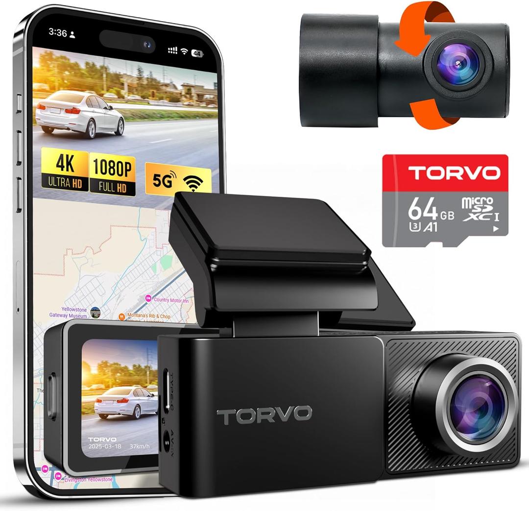 TORVO TD3 4K+2K Dash Cam with App, Camera for Car Front and Back with 5G WiFi & GPS, Free 64GB Card, Night Vision Dashcam Front Cameras 24/7 Recording When Car is Off, Security Camera for Cars