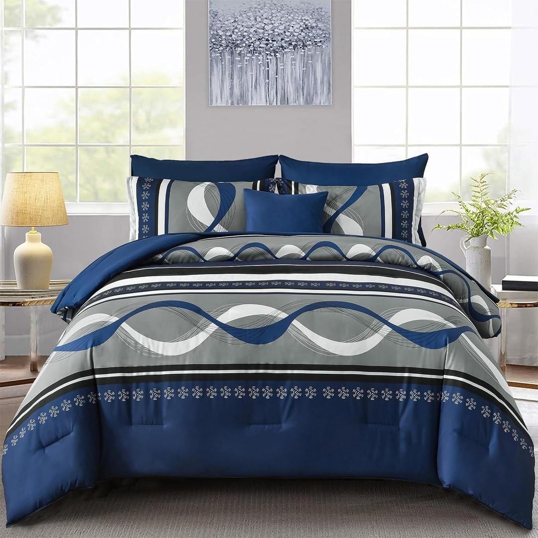 Anibedding Comforter Set King Size,8 Pieces Navy Blue Boho Bed in a Bag Patchwork Striped Comforter Set, Soft Microfiber Bedding Set for All Season(104"90")