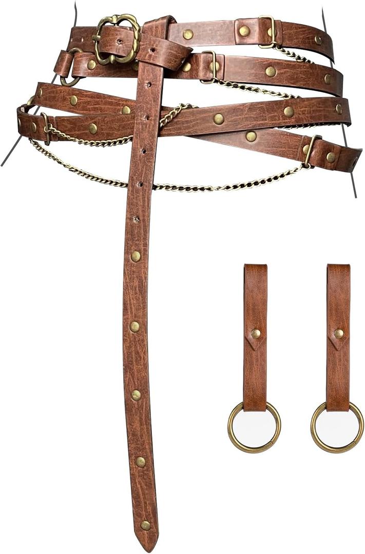 3PCs Medieval Fantasy Belt Skirt Hikes Set, Renaissance Adjustable Faux Chain Belt with Skirt Clips for Cosplay Faire