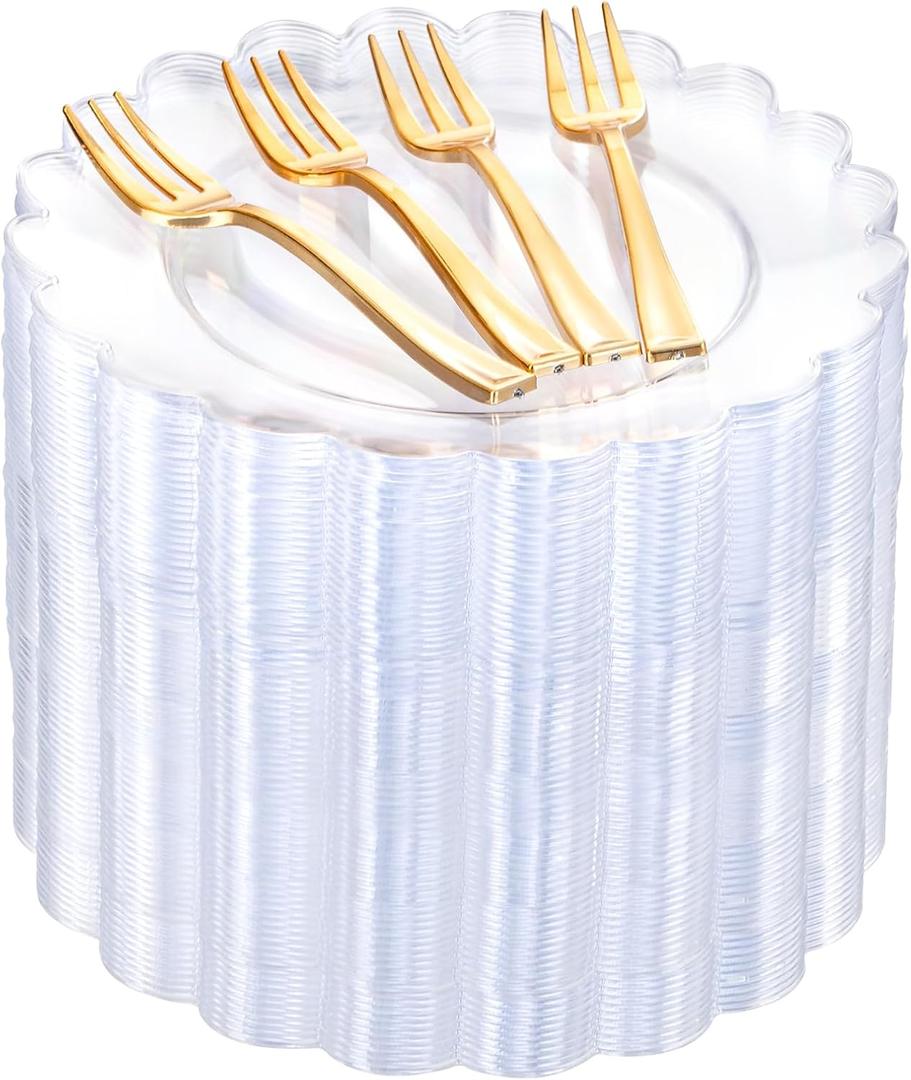 LIYH 200 Pcs Clear Plastic Plates and Gold Forks Disposable Dessert Plates 7.5" Clear Cake Plate,Baby Shower Plate Set for Weddings Birthday Bridal Showers Afternoon Tea (200Pcs(100 Guests))
