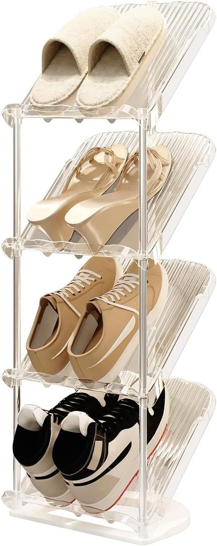 YYW Narrow Shoe Rack Vertical Shoes Rack for Entryway Corner Shoe Storage Organizer for Small Spaces Transparently Tall Slim Shoe Shelf for Front Door Entrance Living Room (Transparent white 4 layers)