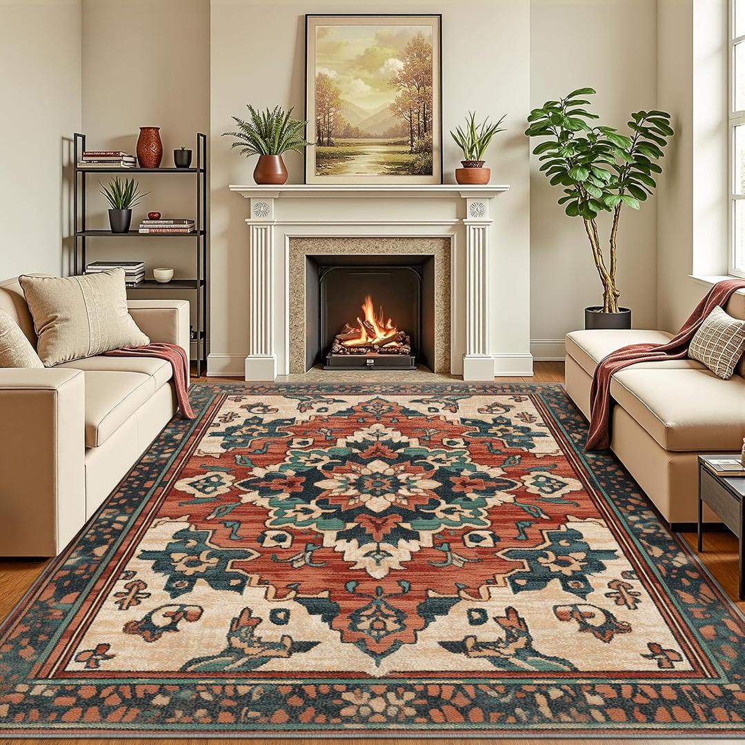 6x9 Machine Washable Non-Slip Area Rug & Mat - Soft Faux Wool & Polyester, Boho Stain-Resistant Indoor Carpet for Bedroom, Dining Room, Kitchen, Living, Nursery, Low Pile, High Traffic (Red)