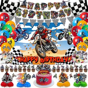 94PCS Dirt Bike Birthday Party Decorations Dirtbike Motocross Party Supplies Includes Banner Backdrop Balloons Cake & Cupcake Toppers Stickers Centerpieces