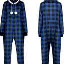 Giggling Getup Women Christmas Pajamas, Buffalo Plaid Pajamas with Hood, Flannel Sherpa Jumpsuit PJ (Blue)
