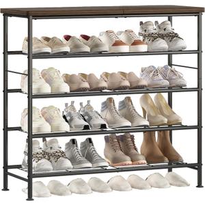 SUOERNUO Shoe Rack Organizer 5 Tier for Closet Entryway Free Standing Metal Storage Shoe Shelf with MDF Top BoardBlack+Rustic Brown