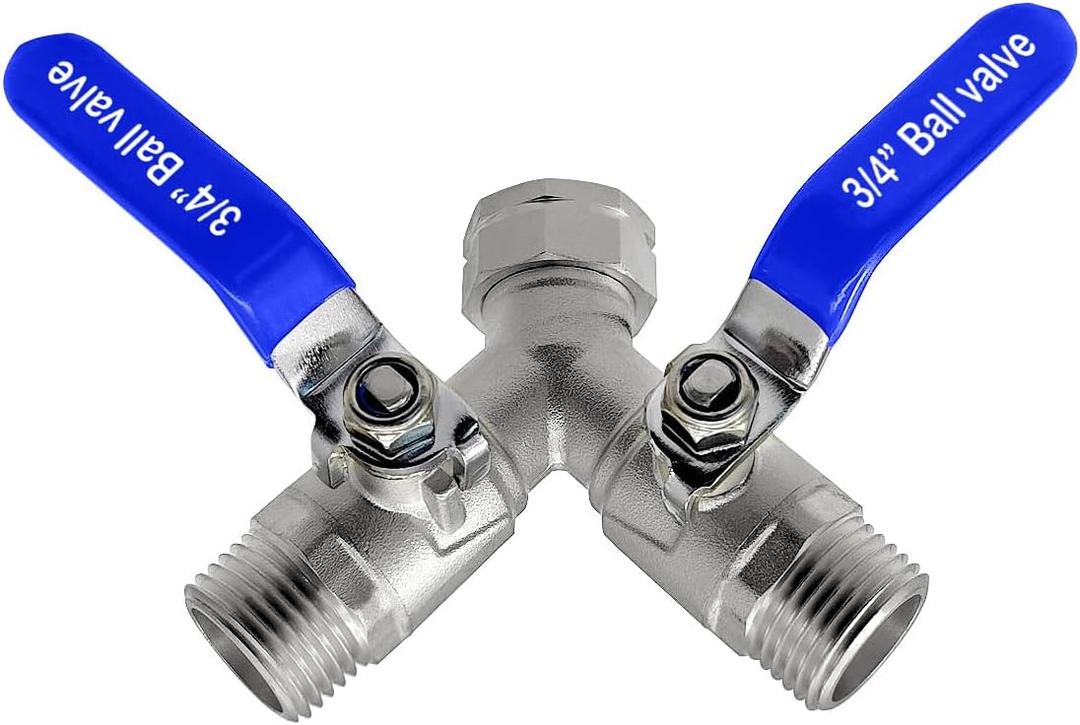 Beduan 304 Stainless Steel Hose Splitter 2 Way Y Garden Hose Bib Splitter with Long Handle Water Hose Ball Shut Off Valve 3/4 GHT Threaded