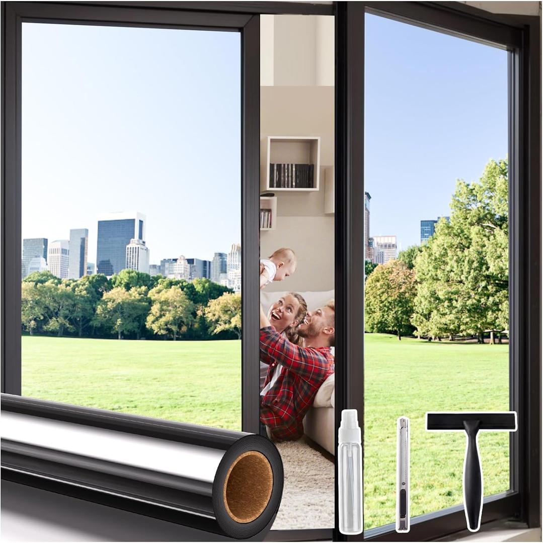Coavas One Way Privacy Window Film, Reflective Mirror Window Tint for Home Daytime Heat UV Blocking Security Clings See Out Not in Office Coverings with 3 Tools, 29.5x78.7in (Black-silver)
