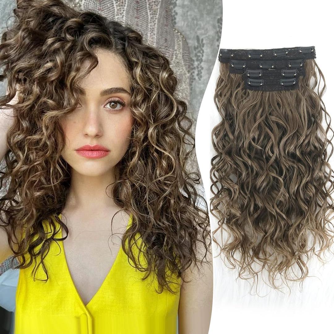 Aisaide Clip in Hair Extensions, 4PCS 16 inch Curly Hair Extensions Short Curly Lace Weft Extension Clip Ins Invisible Natural Hairpieces for Women,Ombre Chocolate Brown