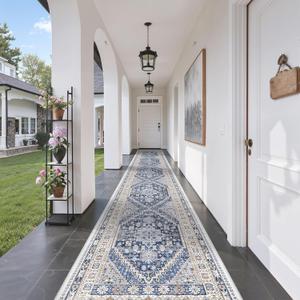 zesthome Washable Runner Rug 2.5x16 - Stain Resistant Entryway Rug,Ultra-Thin Kitchen Rugs, Anti Slip Backing Runner Rugs for Entrance Laundry Room Indoor Hallway (Blue/Beige,2.5'x16')