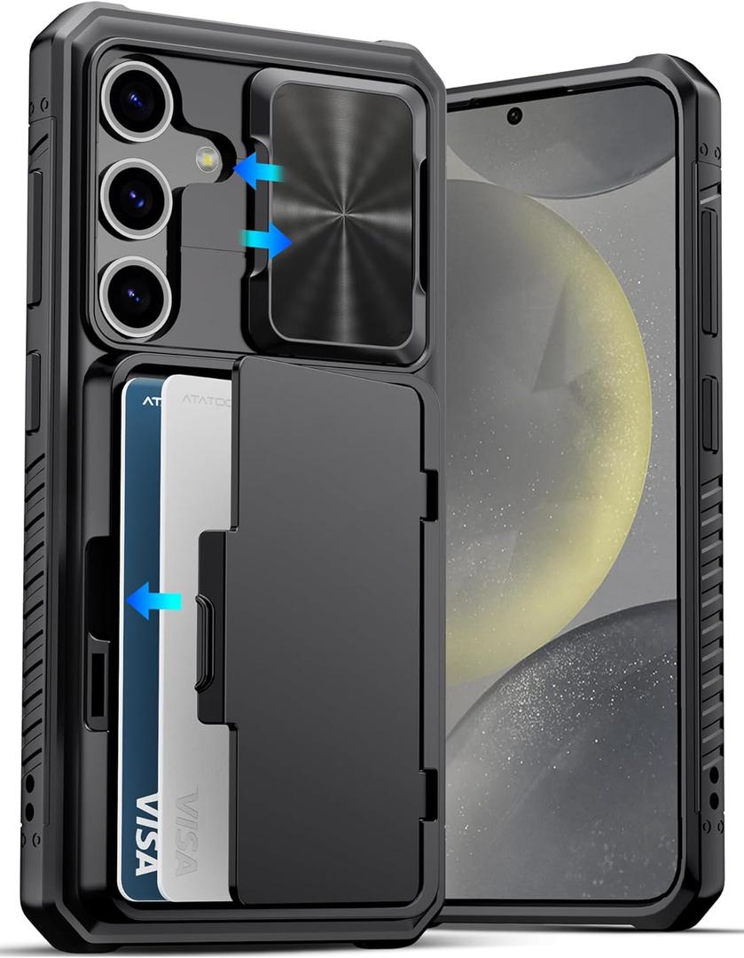 ATATOO for Samsung Galaxy S24 Case Wallet, Built-in Card Holder(Store 4-5 Cards) & Slide Camera Cover & Kickstand, Military Grade Protection, Rugged Silicone Case for Galaxy S24 6.2" 2024, Black