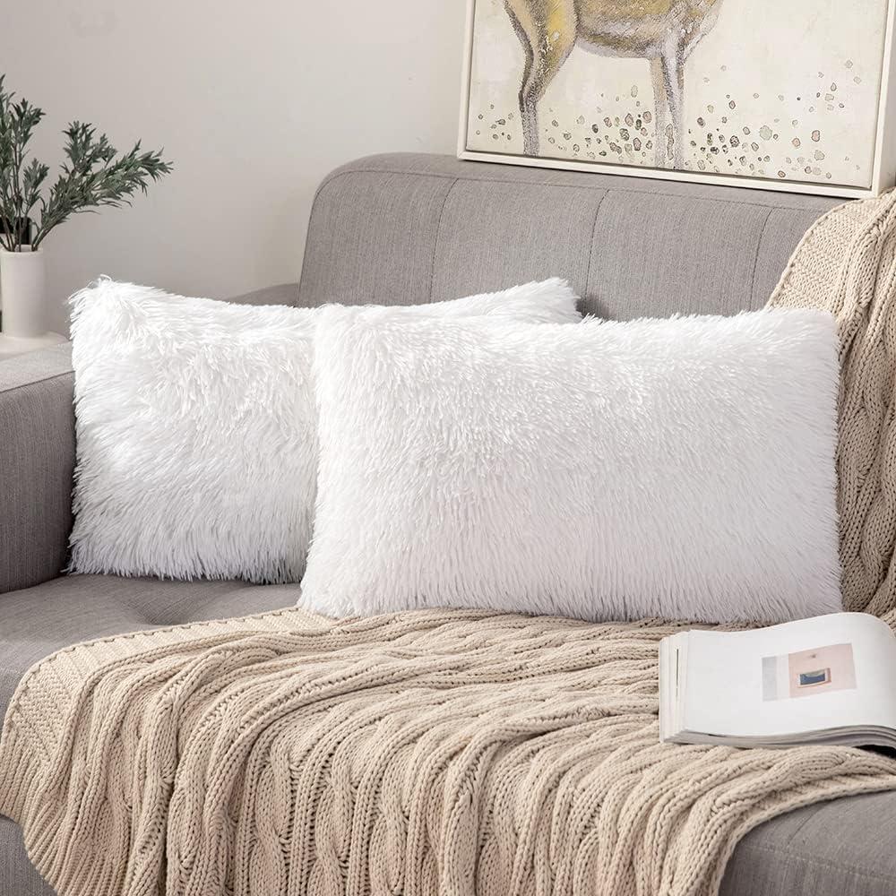 ANRODUO Pack of 2 White Throw Pillow Covers Luxury Fluffy Pillows Faux Fur Decorative Pillows Plush Cushion Case Fuzzy Mongolian Merin Style for Bed Couch Sofa Living Room Spring Decor 12x20 Inch