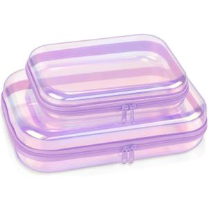 Clear Hard Shell Zipper Case,Toiletries Bag,Makeup Bag,2pcs Large Capacity Water-resistant Toiletry Bag,Portable Travel Organizer and Storage,Bathroom Clear Cosmetic Case for Women (Purple)