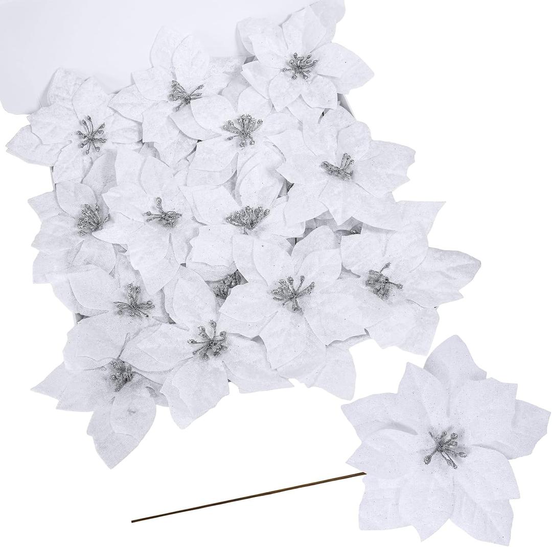 Winlyn 24 Pcs Christmas Glittered Poinsettia Floral Picks White Silk Velvet Artificial Poinsettia Flowers Christmas Tree Ornaments 6.3" W for White Christmas Tree Holiday Party Seasonal Wreath Dcor