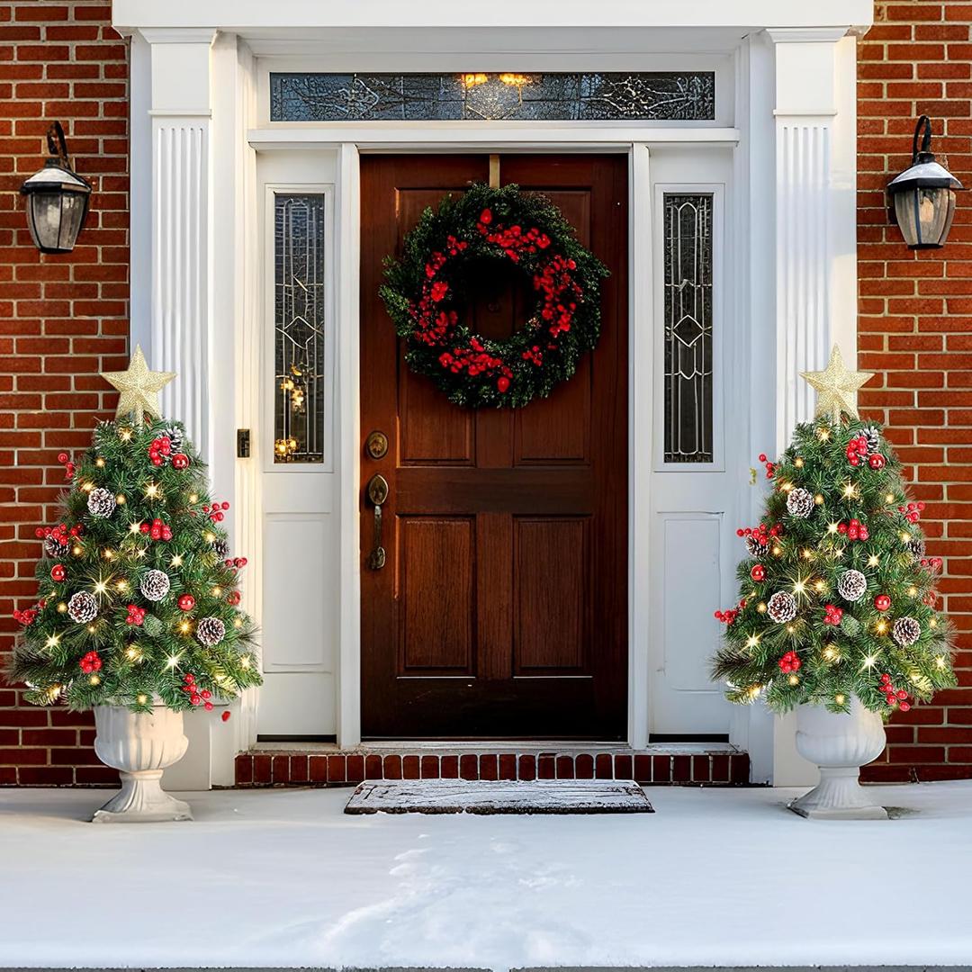 33 Inch Outdoor Christmas Tree Frosted Urn Filler 2 Set, Pre-lit Artificial Xmas Tree with 50 LED Lights, Realistic Carolina Pine and Berries for Pathway, Porch, Driveway, Yard