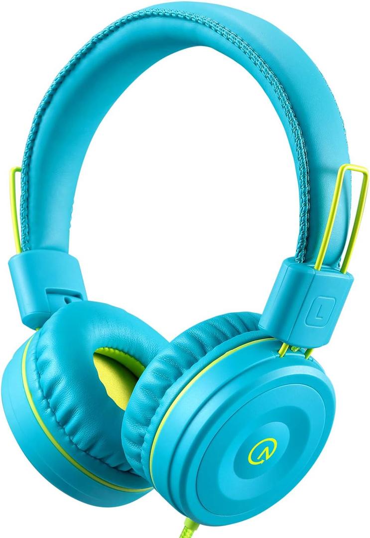 noot products Kids Headphones K22 Foldable Stereo Tangle-Free 5ft Long Cord 3.5mm Jack Plug in Wired On-Ear Headset for iPad/Amazon Kindle Fire/Boys/Girls/Laptop/School/Tablet (Teal/Lime)