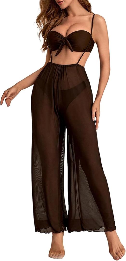 MakeMeChic Women's 3 Piece Bikini Sets Knot Front Push Up Strapless High Cut Swimsuit with Sheer Mesh Cover Up Pants Brown Medium