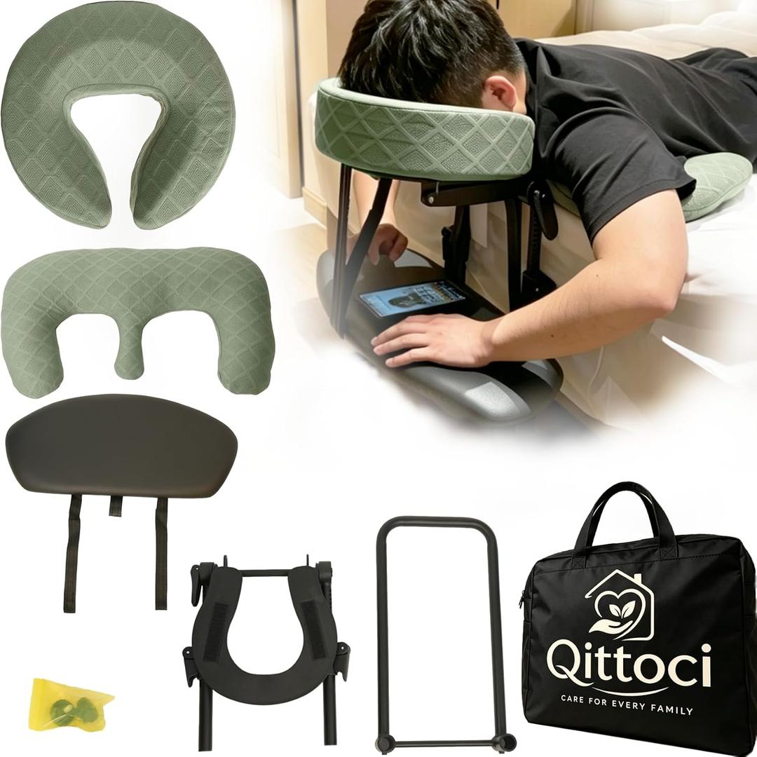 Massage Headrest for Bed with Armrests & Chest Pad
Green cloth pillow, PU armrests, chest pad. Fits 6-17" mattresses, folds flat. Post-surgery, home massage, prone relaxation.