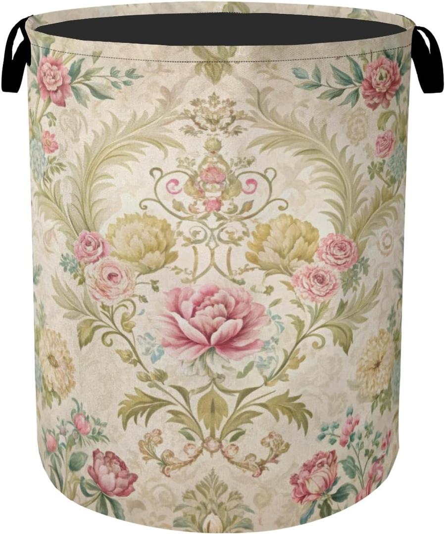 Shabby Chic Rose Laundry Basket with Handles - Extra Large Foldable Hamper for Bathroom/Laundry/Bedroom/Dorm, Washable Fabric Storage Bin